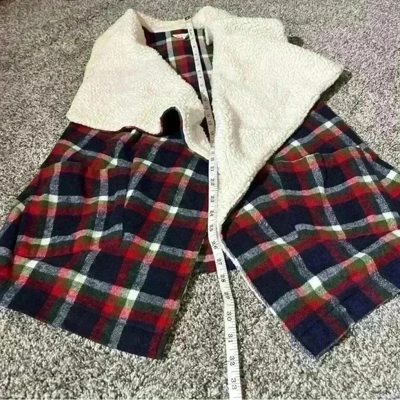 Hem & Thread Cardigan Vest S/M Red, Blue, Green Plaid Fleece Trim Open Womens - Picture 7 of 9